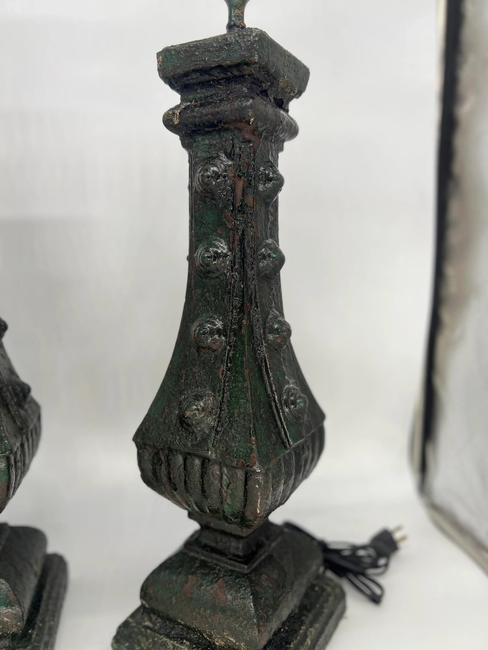Pair, Antique French Cast Iron Architectural Fragment Paint Decorated Lamps - 5