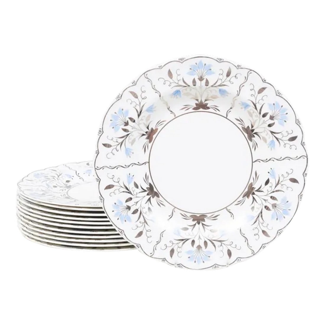 1920s Wedgwood Luster Ware Dinner Plates With Blue and Silver Flowed- Set of 12: One dozen Wedgwood green stamped label luster ware din we plates decorated in blue flowers and silver Condition: Alterations: Original Condition Unaltered Imperfections: Some Imperfections Condition N