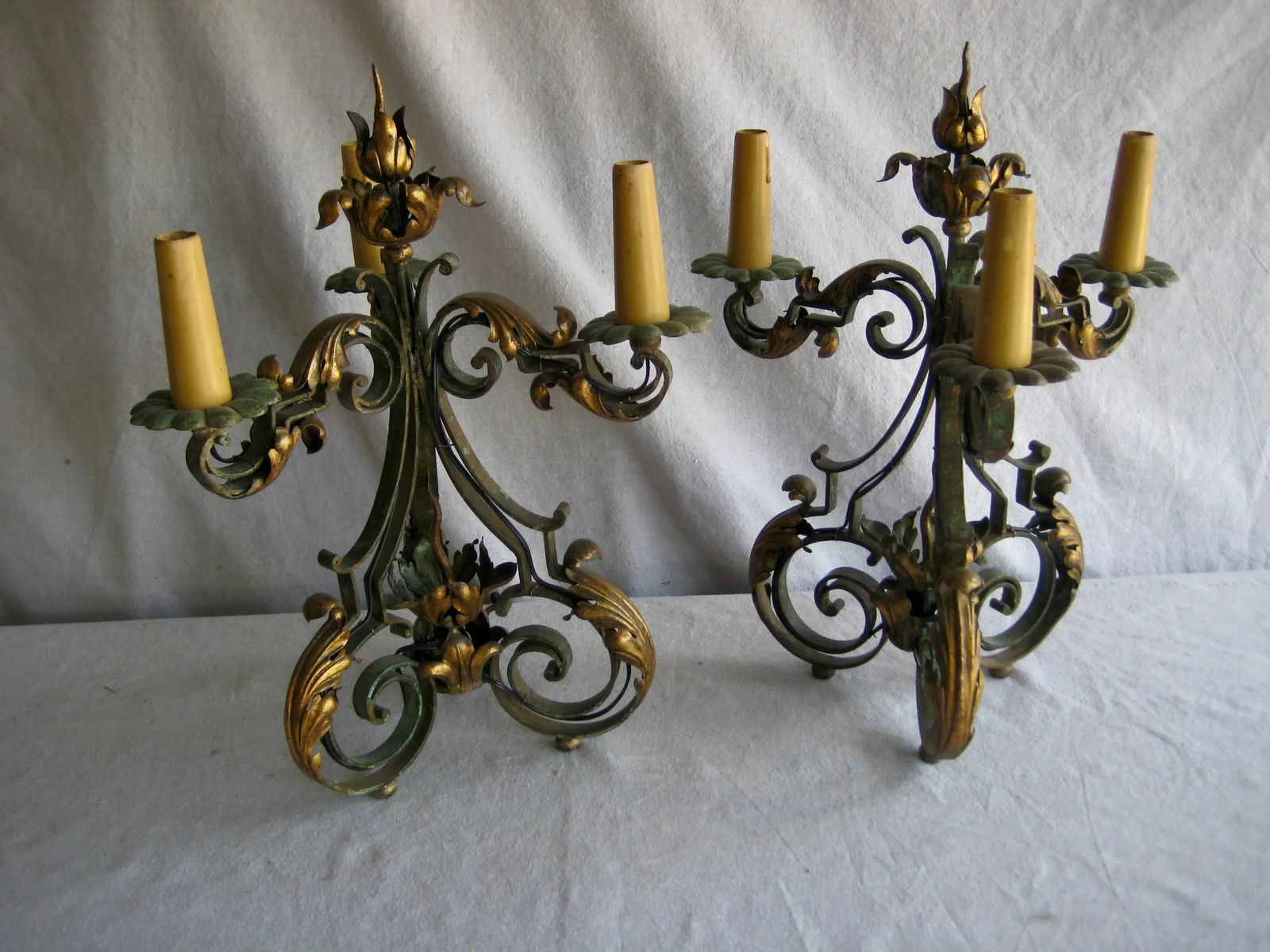 Pair of French Fer Forge Gilbert Poillerat Wrought Iron Three Lights Candelabras Lamps Circa 1920 - 5