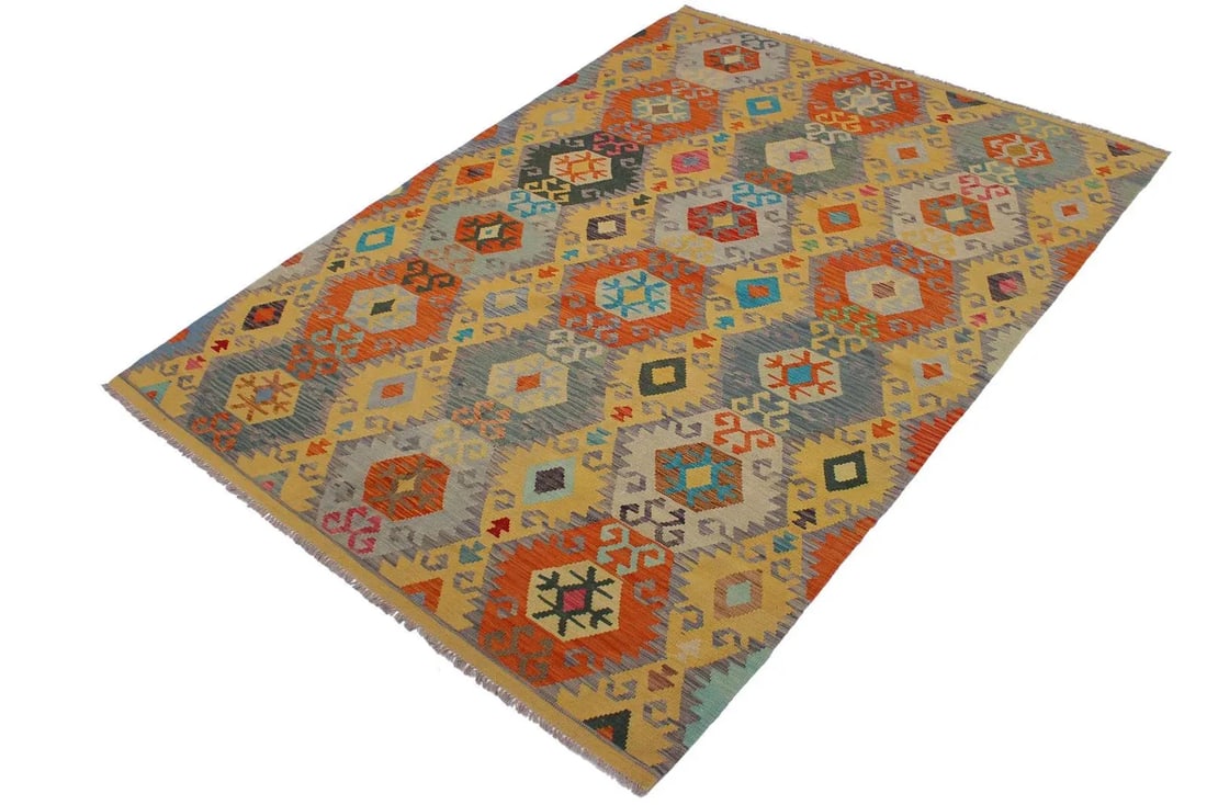 Boho Chic Kilim Gold Gray Wool Rug - 6'7" X 9'10" - 2