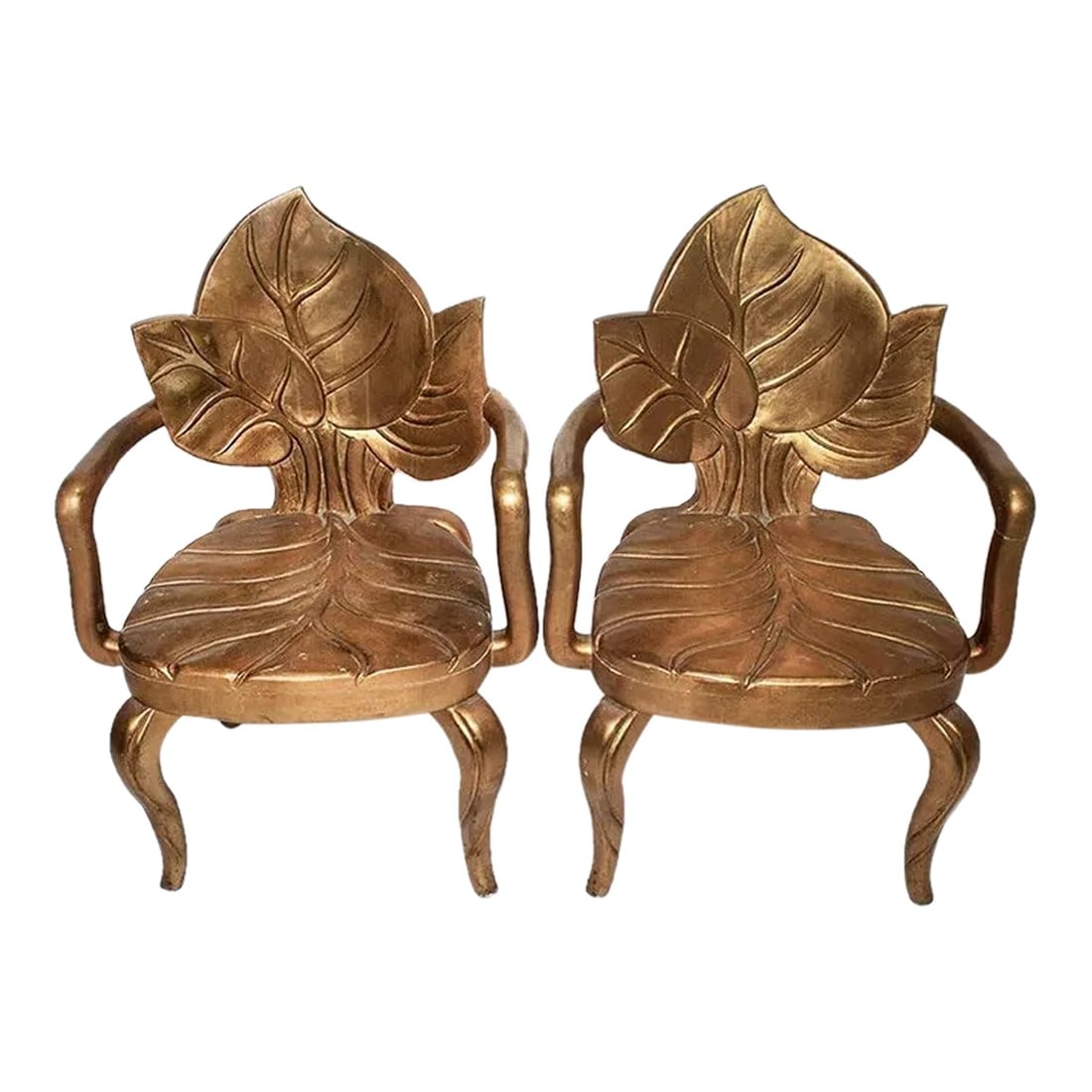 Bartolozzi & Maioli Italian Carved Wooden Leaf Chairs - a Pair: Fabulous pair of carved wooden shell arm chairs by coveted Italian designers Bartolozzi & Maioli with original patina. Bottega d'Arte Bartolozzi e Maioli was born in 1938 from the casual encounter