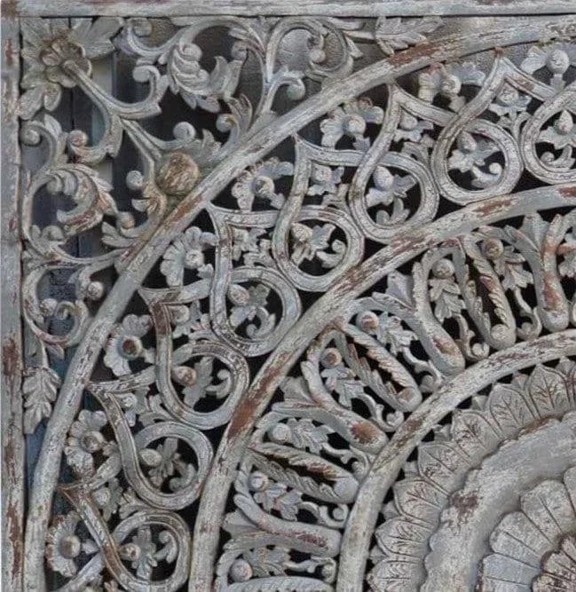 Transitional Style Solid Wood Carved Lattice Mandala Panel - Distressed Gray Finish - 3
