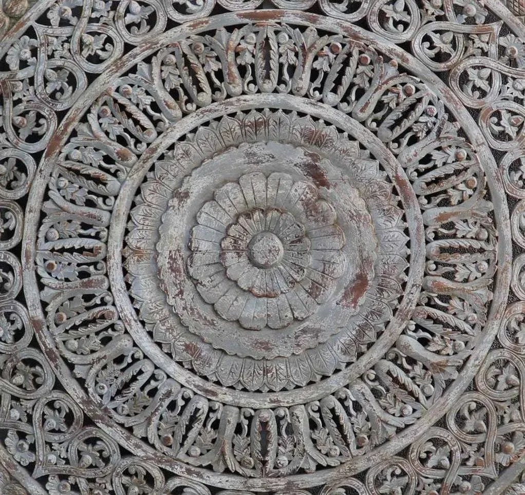 Transitional Style Solid Wood Carved Lattice Mandala Panel - Distressed Gray Finish - 4