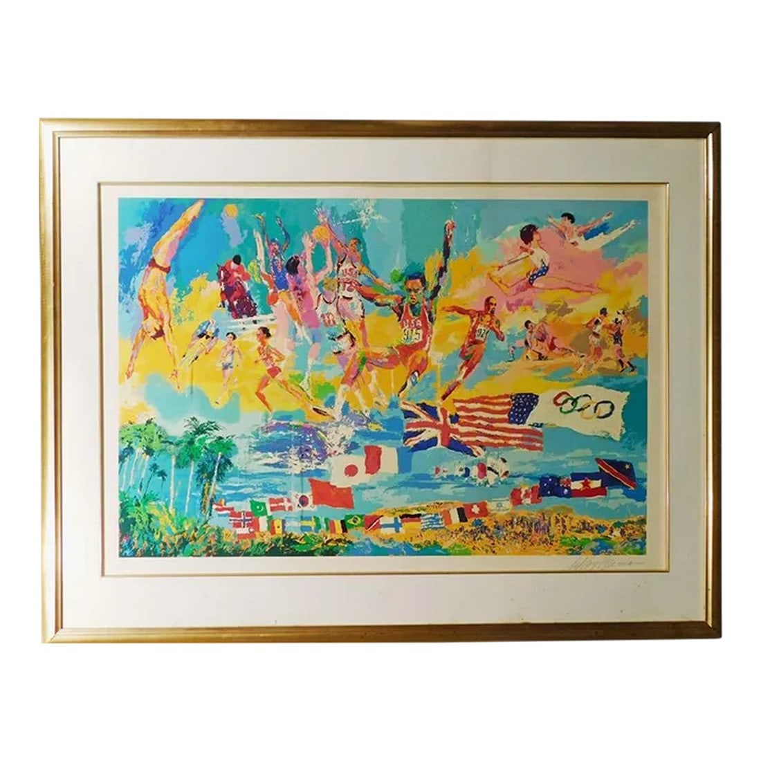 LeRoy Neiman "American Gold" Hand Signed & Numbered Serigraph Sports Olympic 115: American Gold by LeRoy Neiman Hand Signed by the Artist Edition Number: 115/600 1984 Serigraph Image size : 28" x 41" Frame Size: 41" x 53" Custom frame Art Condition: Mint Hand Signed by the Artist C