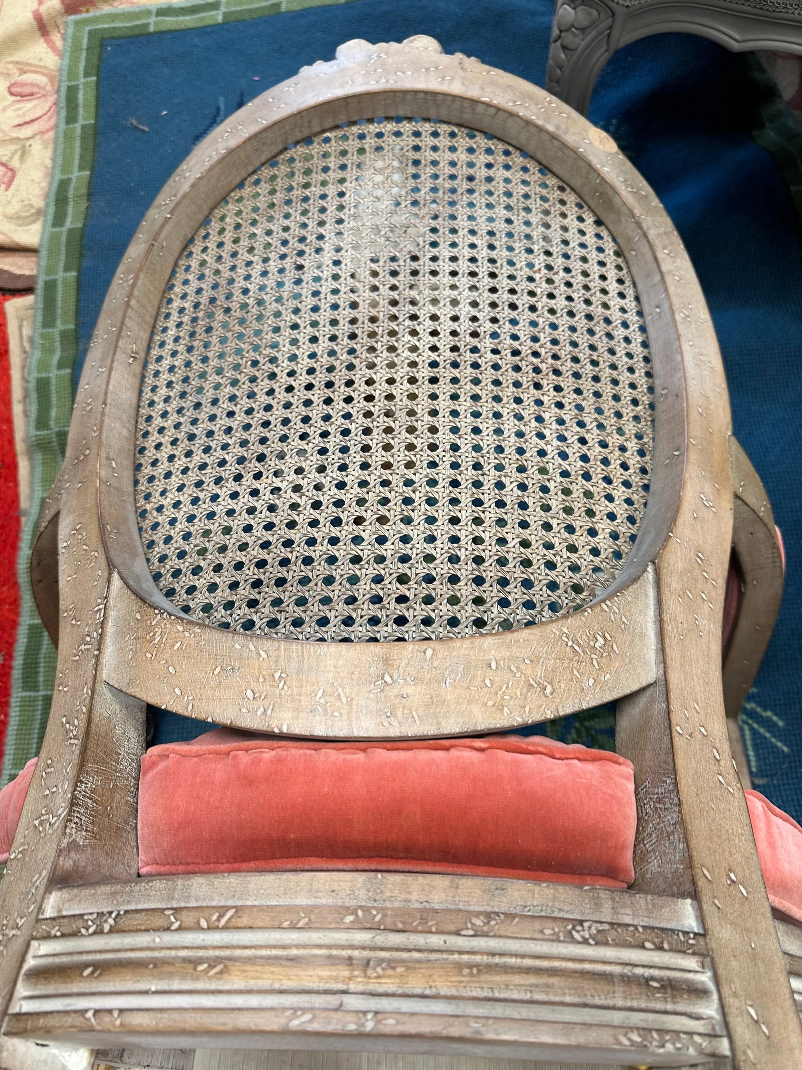 French Louis XVI Style Painted Cane Seat and Back and Coral Velvet Upholstery 19th Century - 12