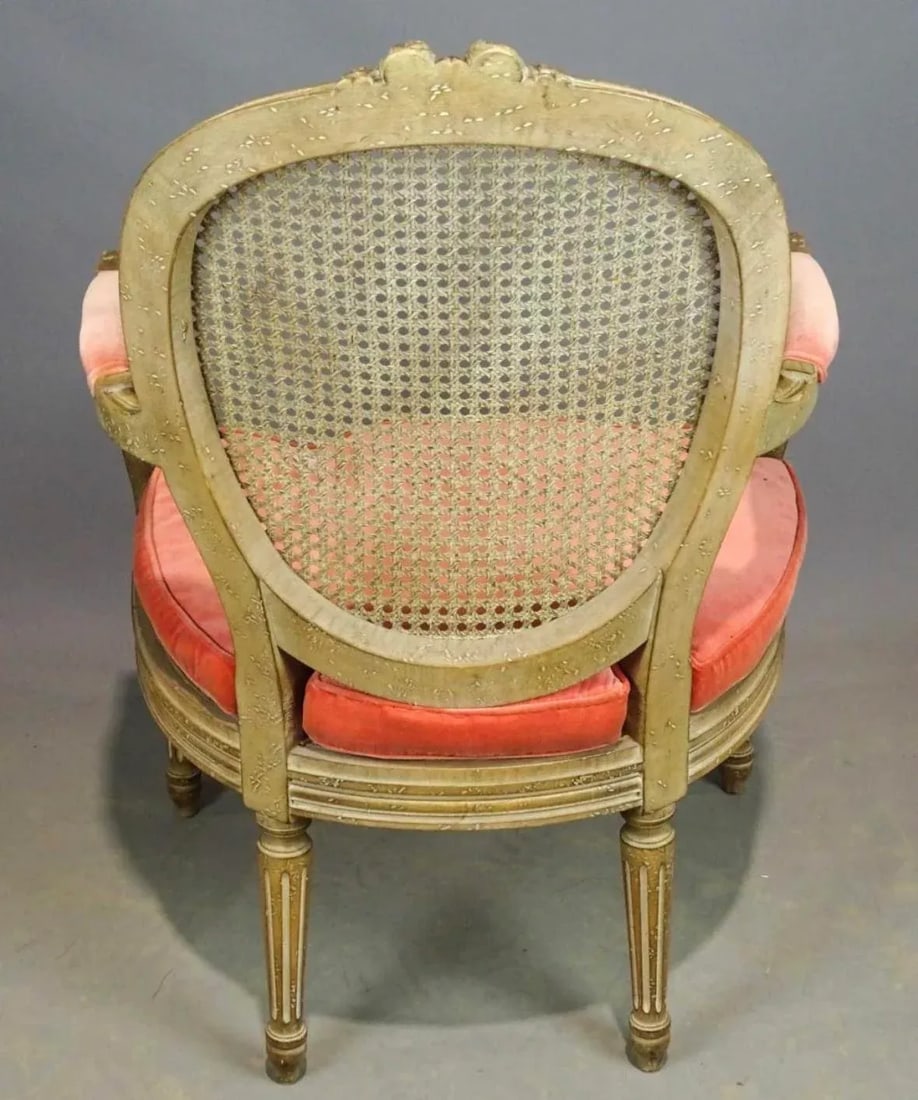 French Louis XVI Style Painted Cane Seat and Back and Coral Velvet Upholstery 19th Century - 3