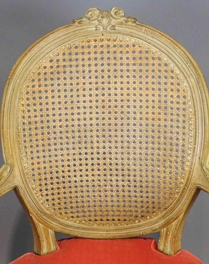 French Louis XVI Style Painted Cane Seat and Back and Coral Velvet Upholstery 19th Century - 4