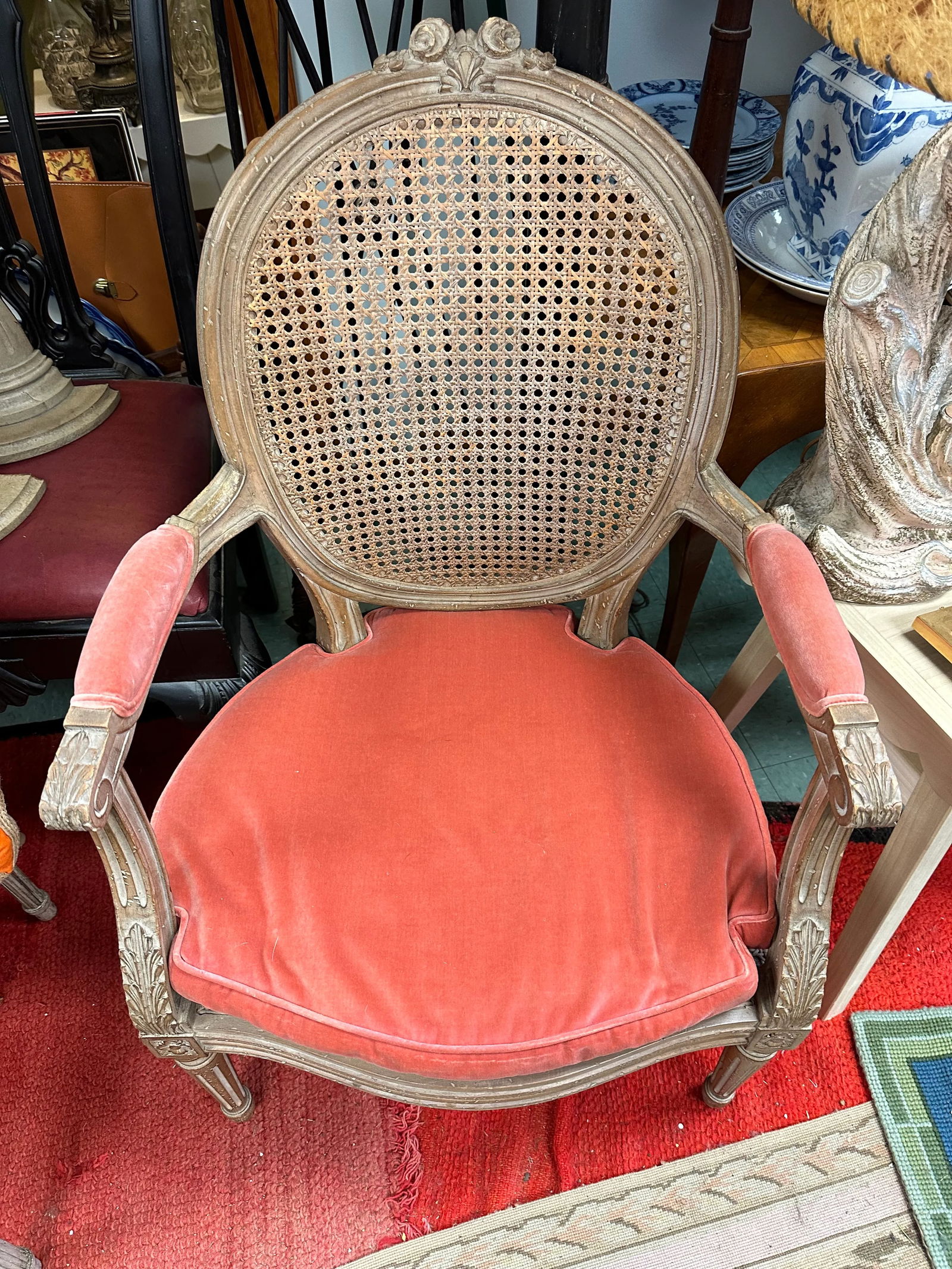 French Louis XVI Style Painted Cane Seat and Back and Coral Velvet Upholstery 19th Century - 5