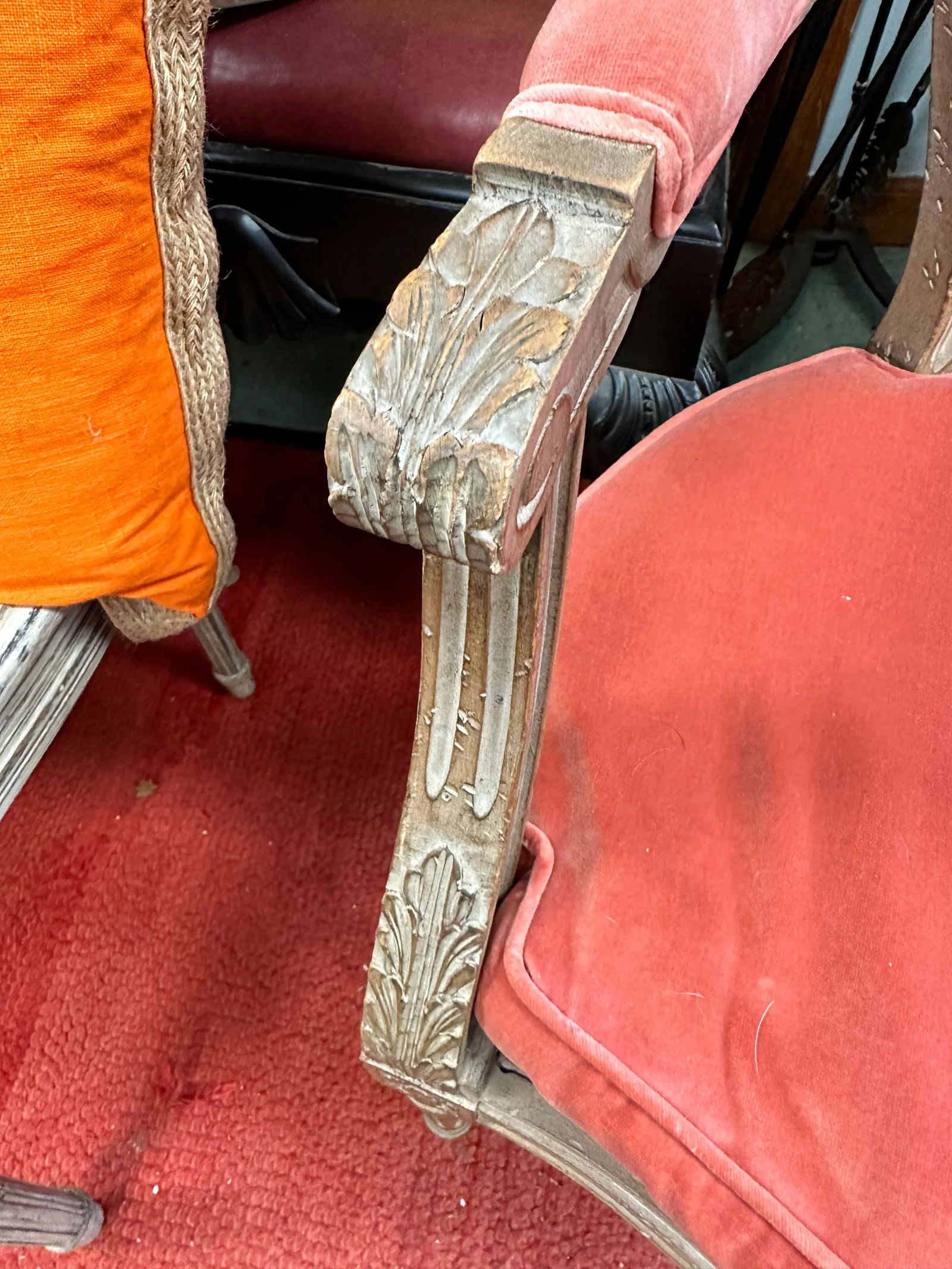 French Louis XVI Style Painted Cane Seat and Back and Coral Velvet Upholstery 19th Century - 6