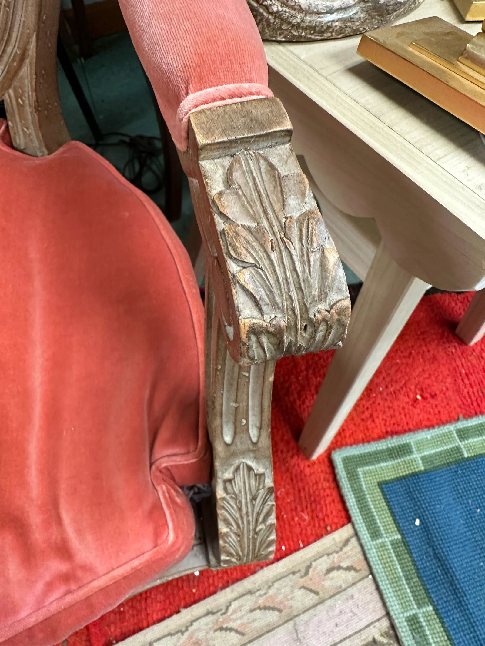 French Louis XVI Style Painted Cane Seat and Back and Coral Velvet Upholstery 19th Century - 9