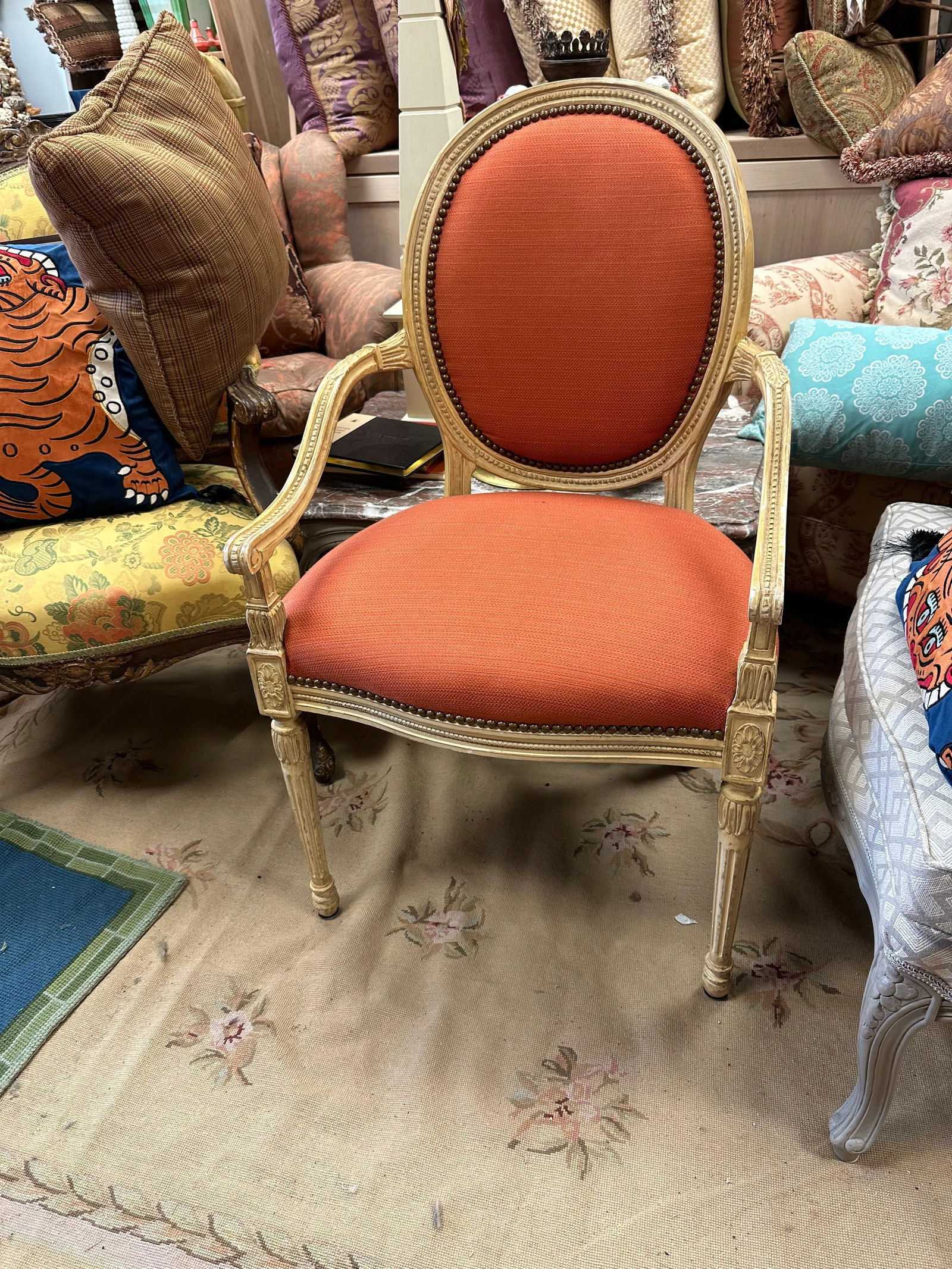 Mid 20th Century Louis Xv Style Coral Upholstered French Arm Chair With Racks Oval Back - 3