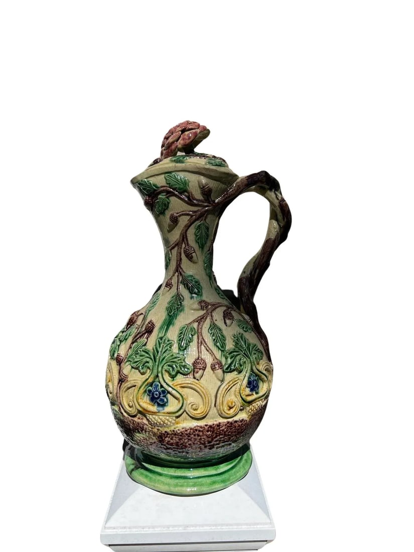 19th Century, Faux Bois Majolica Ewer W/ Acorn & Foliate Design - 2