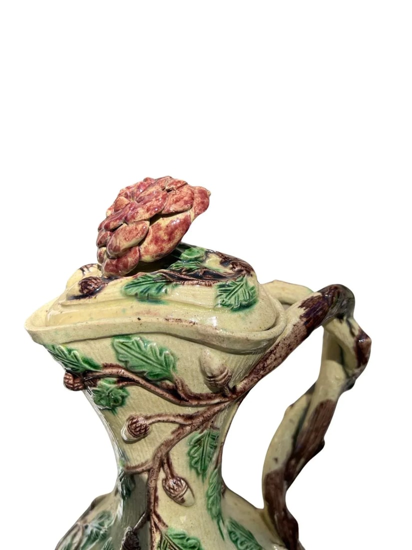 19th Century, Faux Bois Majolica Ewer W/ Acorn & Foliate Design - 4