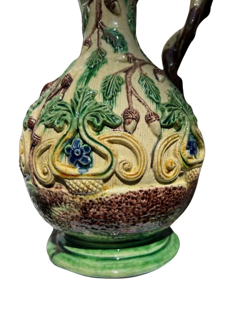19th Century, Faux Bois Majolica Ewer W/ Acorn & Foliate Design - 5