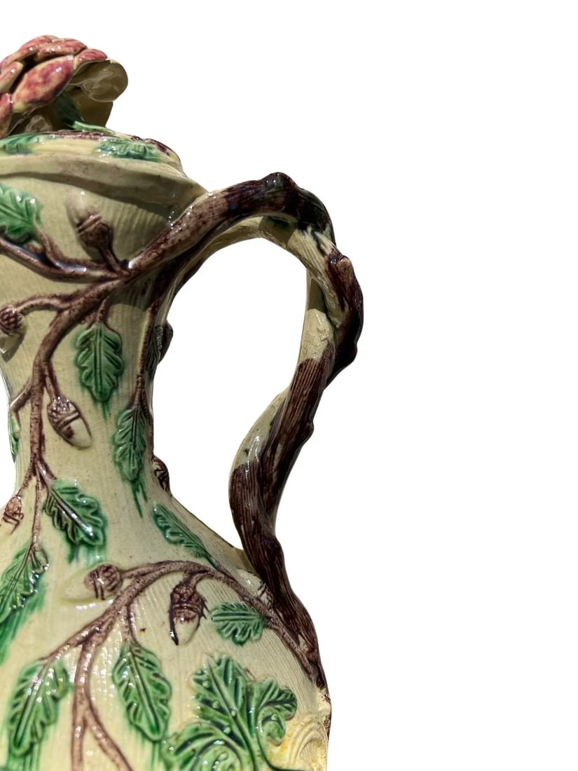 19th Century, Faux Bois Majolica Ewer W/ Acorn & Foliate Design - 6