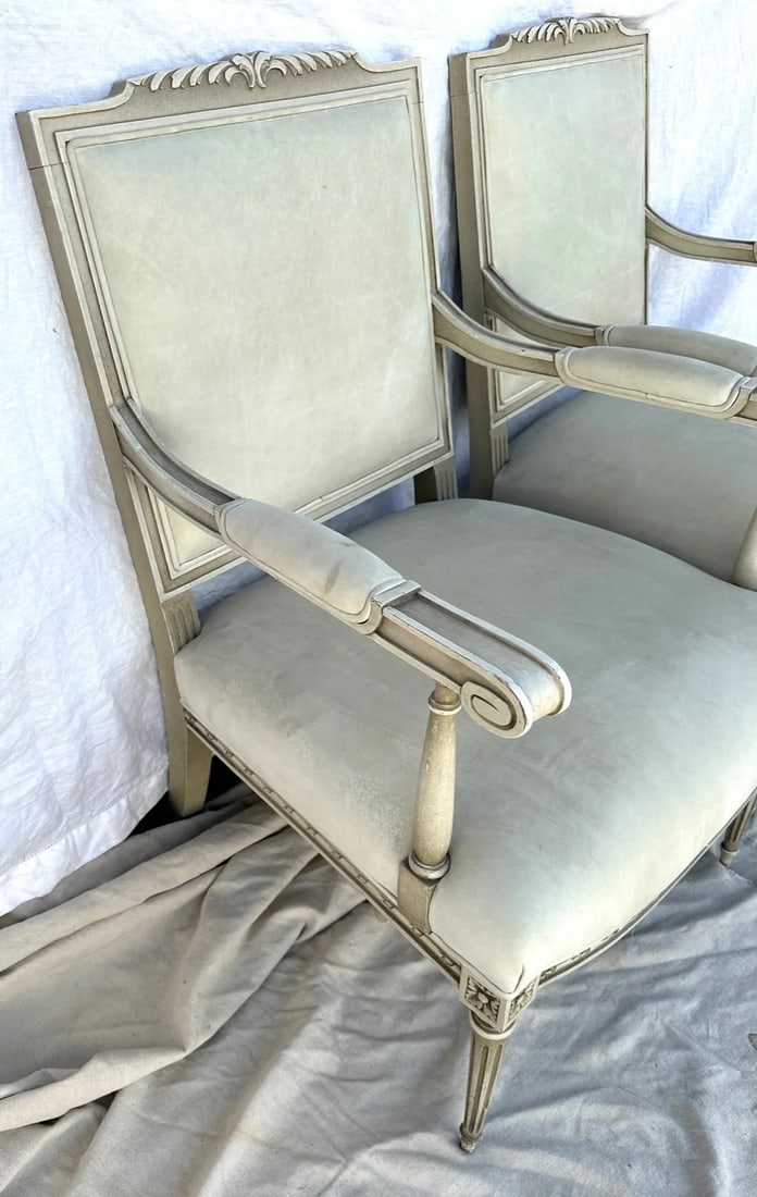 Louis XVI Maison Jansen Style Leather Arm Chairs-A Pair - 3