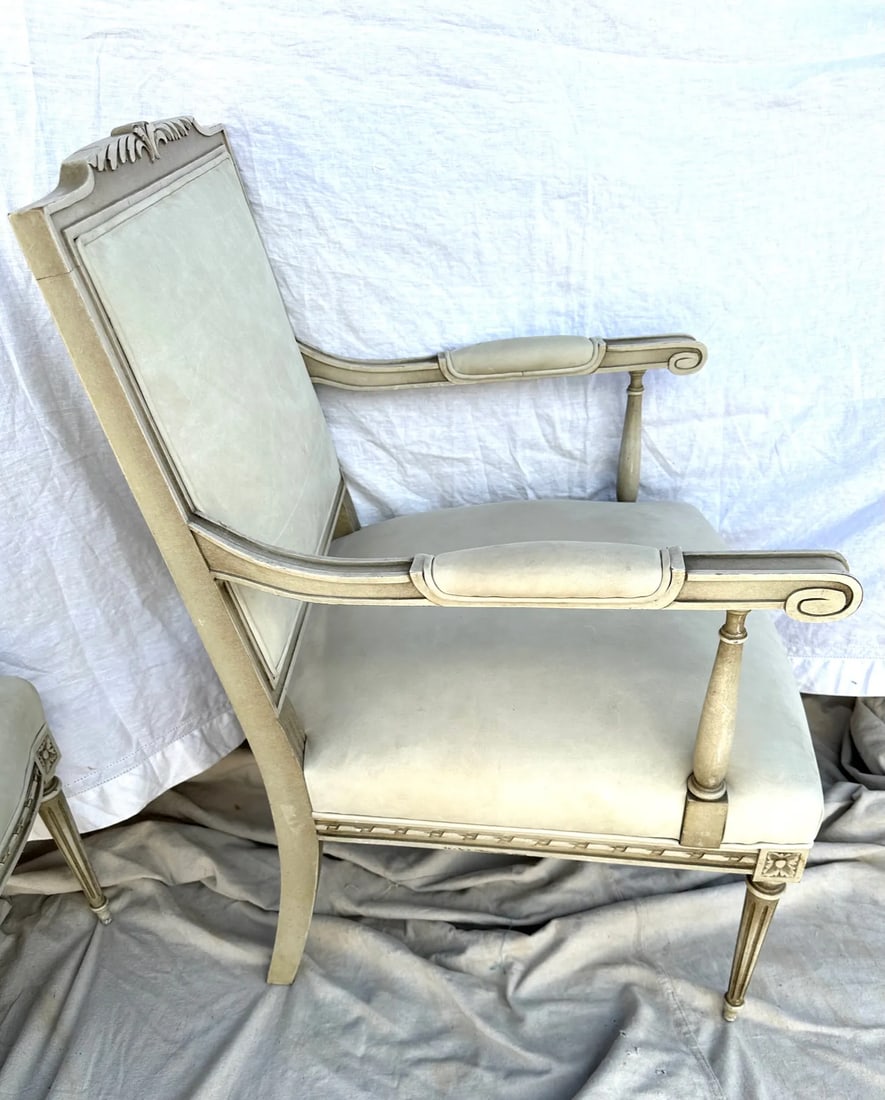 Louis XVI Maison Jansen Style Leather Arm Chairs-A Pair - 8