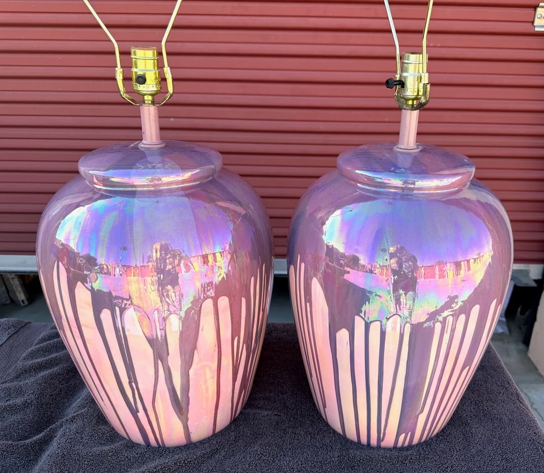 Vintage Iridescent Drip Glaze Ginger Jar Table Lamps-A Pair - 3