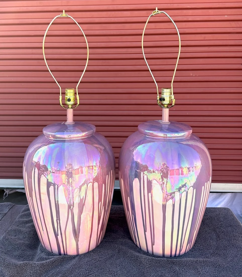 Vintage Iridescent Drip Glaze Ginger Jar Table Lamps-A Pair - 6