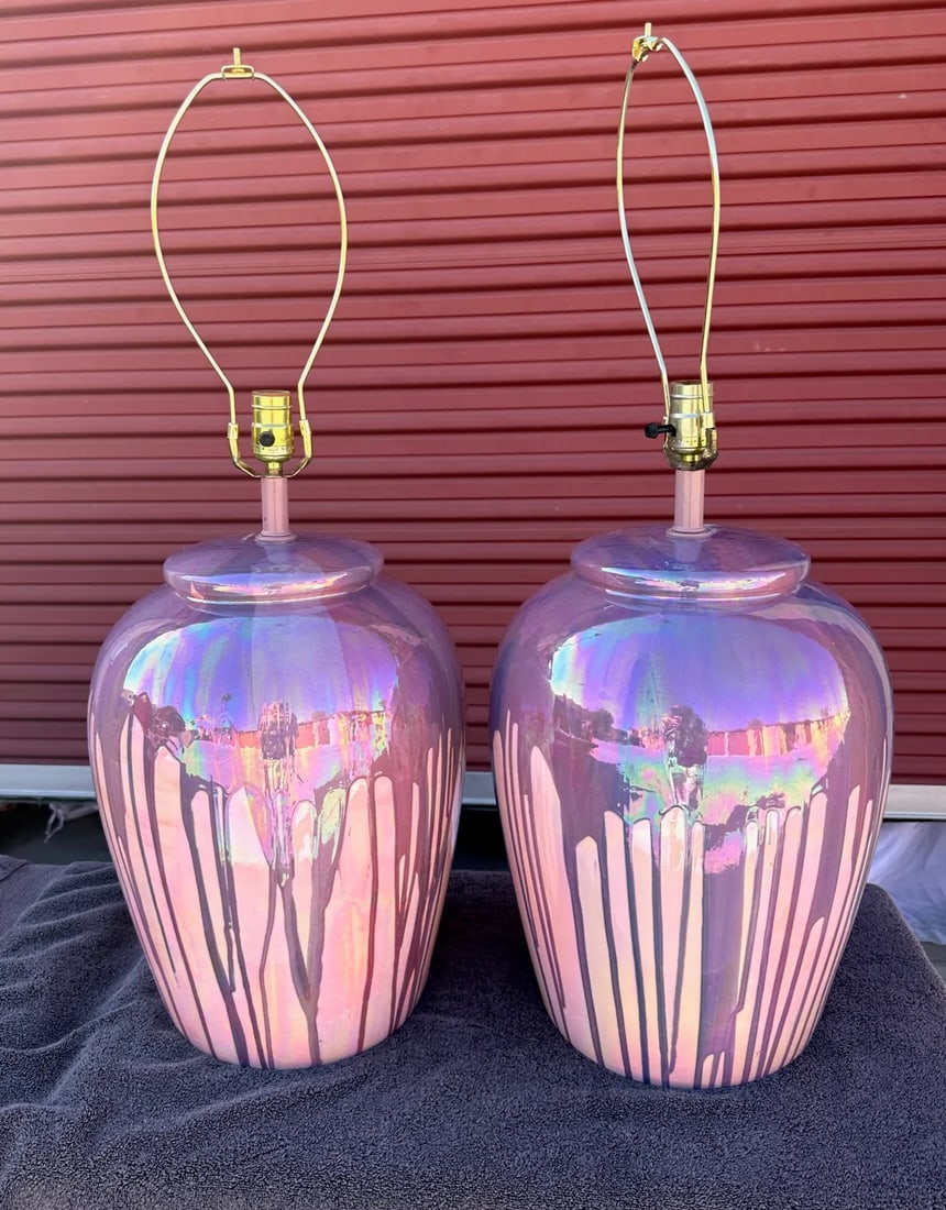 Vintage Iridescent Drip Glaze Ginger Jar Table Lamps-A Pair - 8