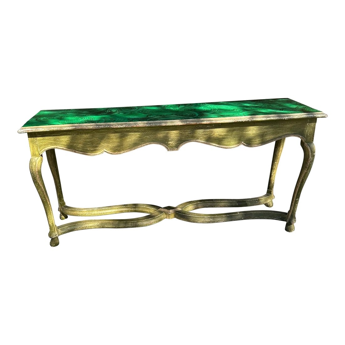 1950s Faux Malachite Topped Sofa or Hall Table With a Distressed Green Base and Legs French in Style: A very nice antique French sofa or hall table with a distressed aged finish topped with a faux malachite finished top Condition: Alterations: Original Condition Unaltered Imperfections: Some Imperfect