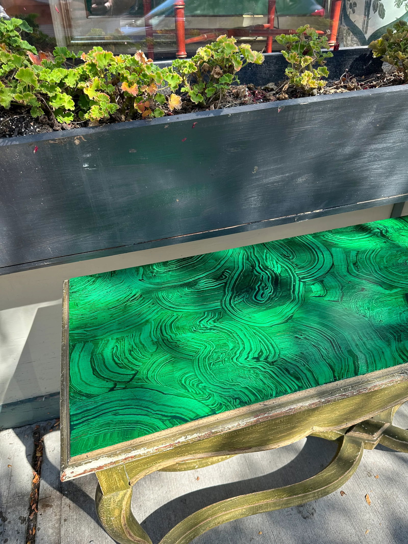 1950s Faux Malachite Topped Sofa or Hall Table With a Distressed Green Base and Legs French in Style - 2