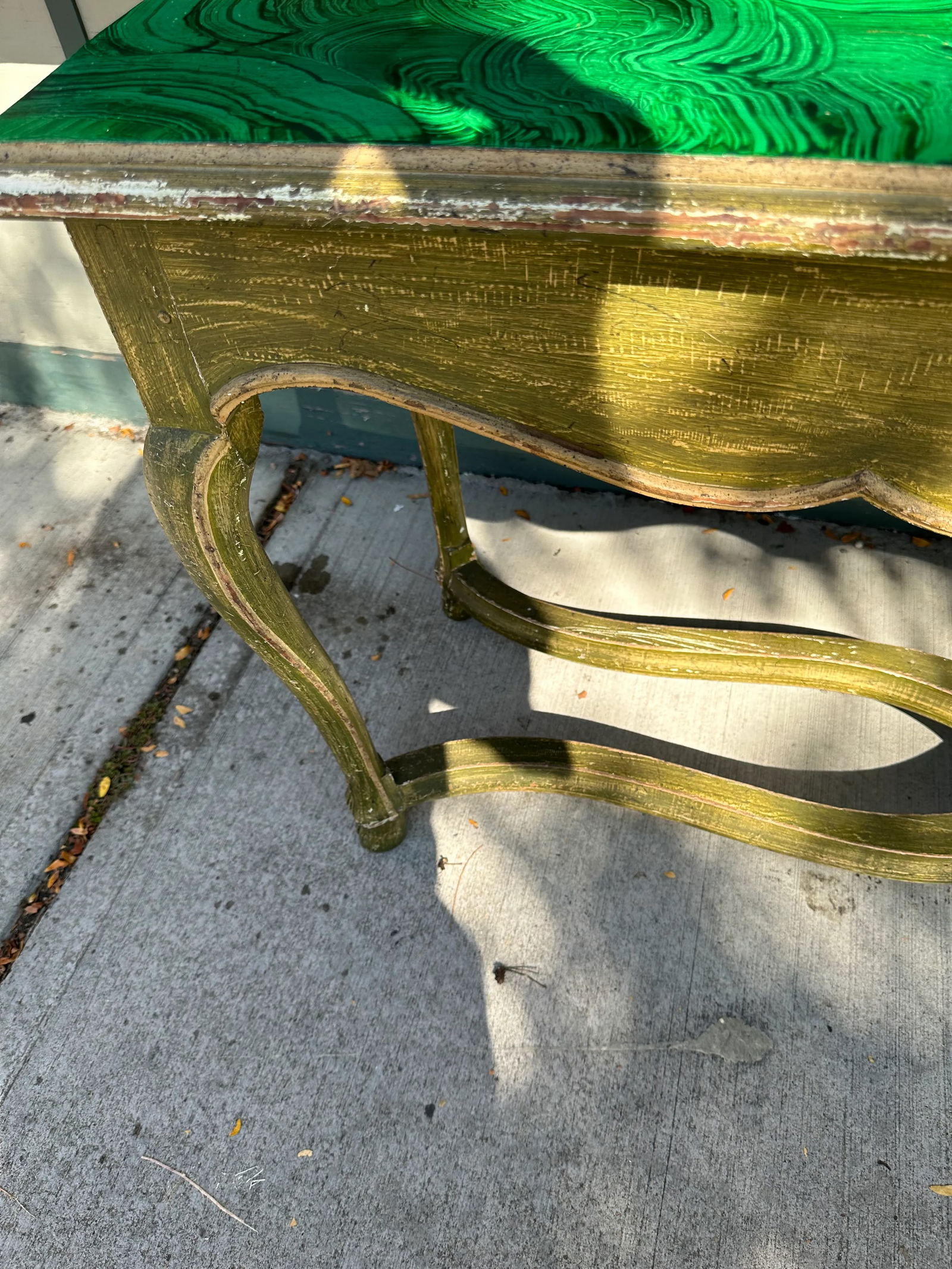 1950s Faux Malachite Topped Sofa or Hall Table With a Distressed Green Base and Legs French in Style - 6