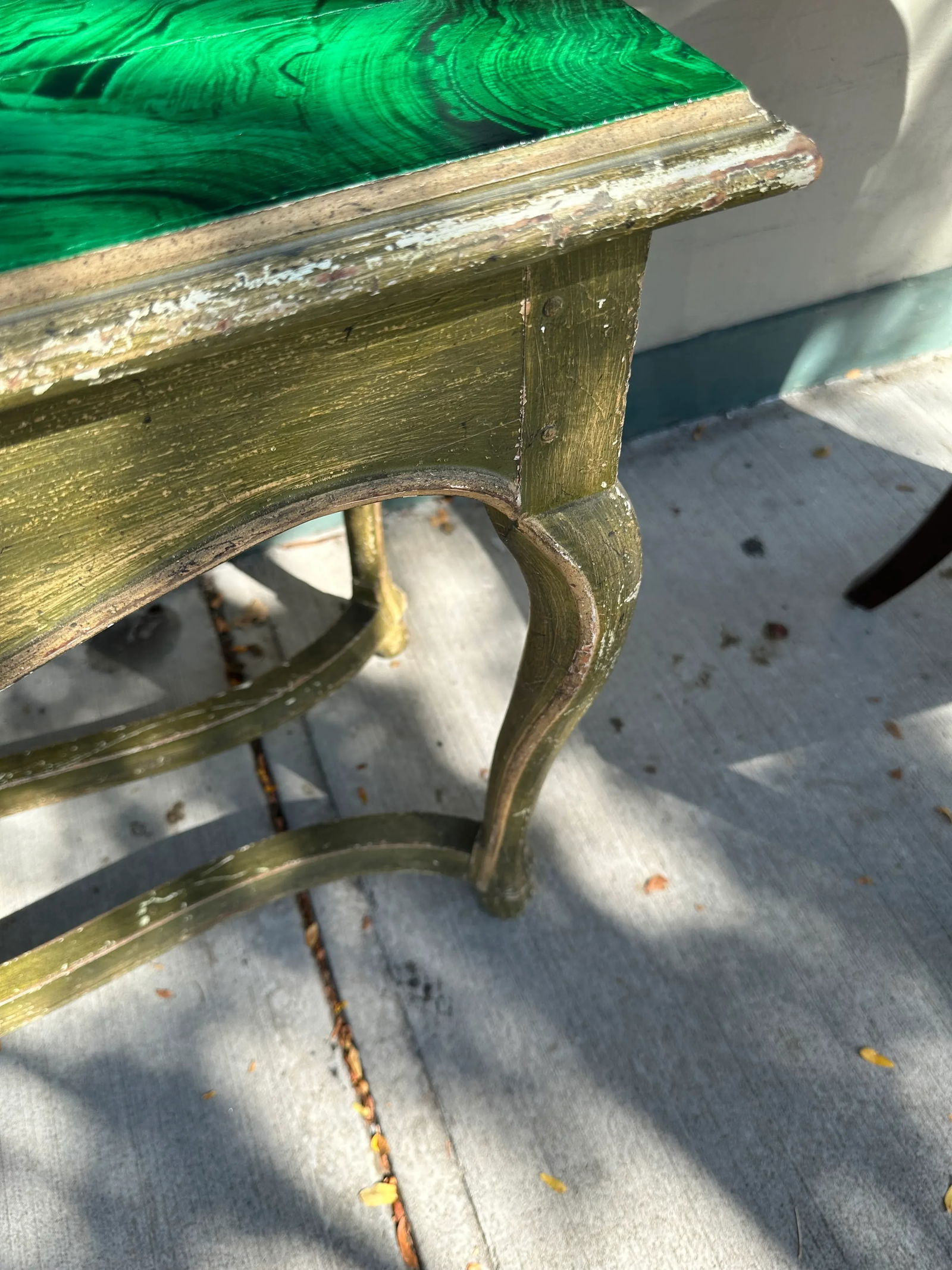 1950s Faux Malachite Topped Sofa or Hall Table With a Distressed Green Base and Legs French in Style - 7