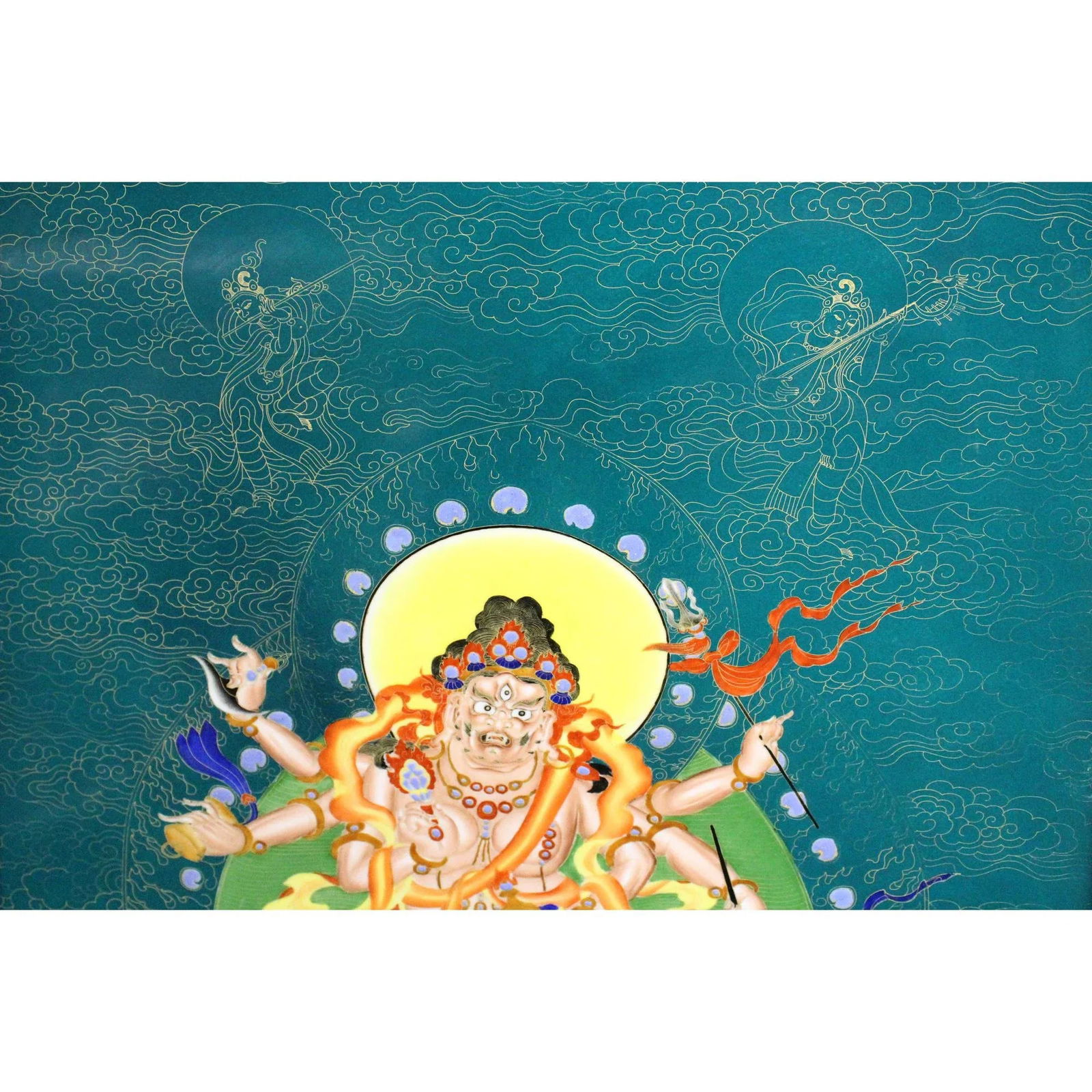 Chinese Porcelain Teal Blue Tibetan Deity Painting Wall Decor - 7