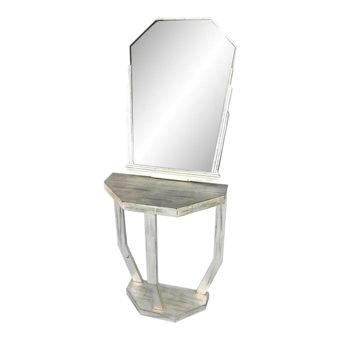1960s Art Deco Mirror and Console Hall Table in Silver and Black: Great looking black and silvered hall table console and art deco mirror. Well made of wood. With a lovely brushed silver finish. Art Deco Mirror & Vanity Table, Two-Piece Hall Table, Silver & Black. A