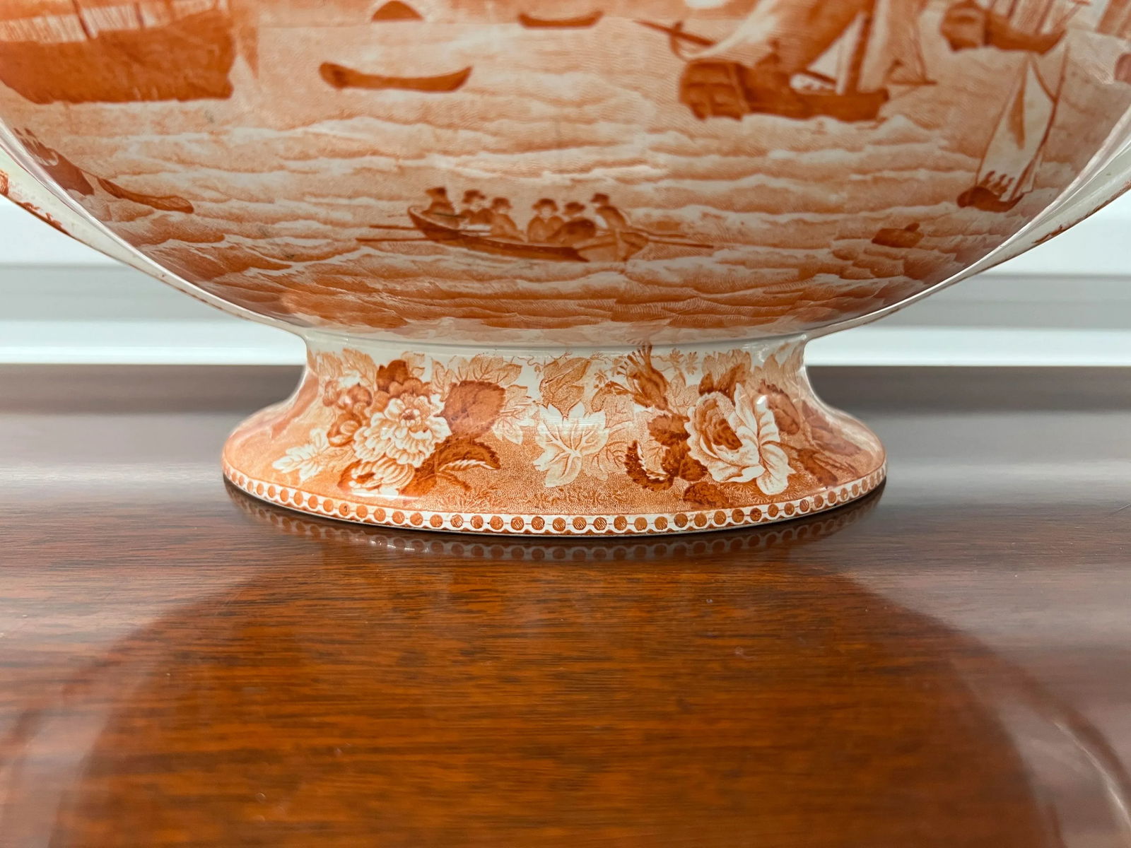 Rare 1840's Wedgwood "Tower of London" in Orange Transfer Pearlware Tureen - 4