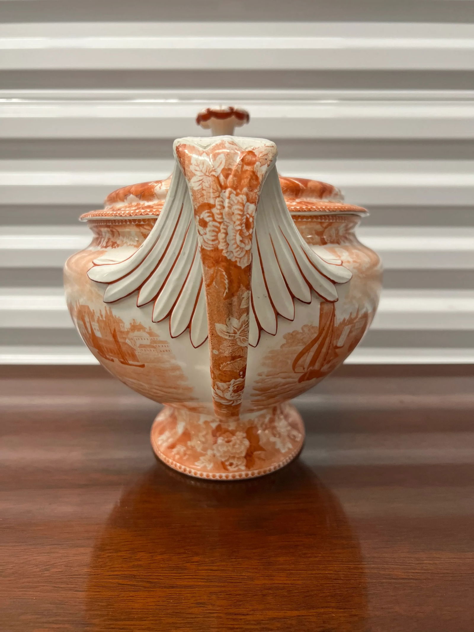 Rare 1840's Wedgwood "Tower of London" in Orange Transfer Pearlware Tureen - 7