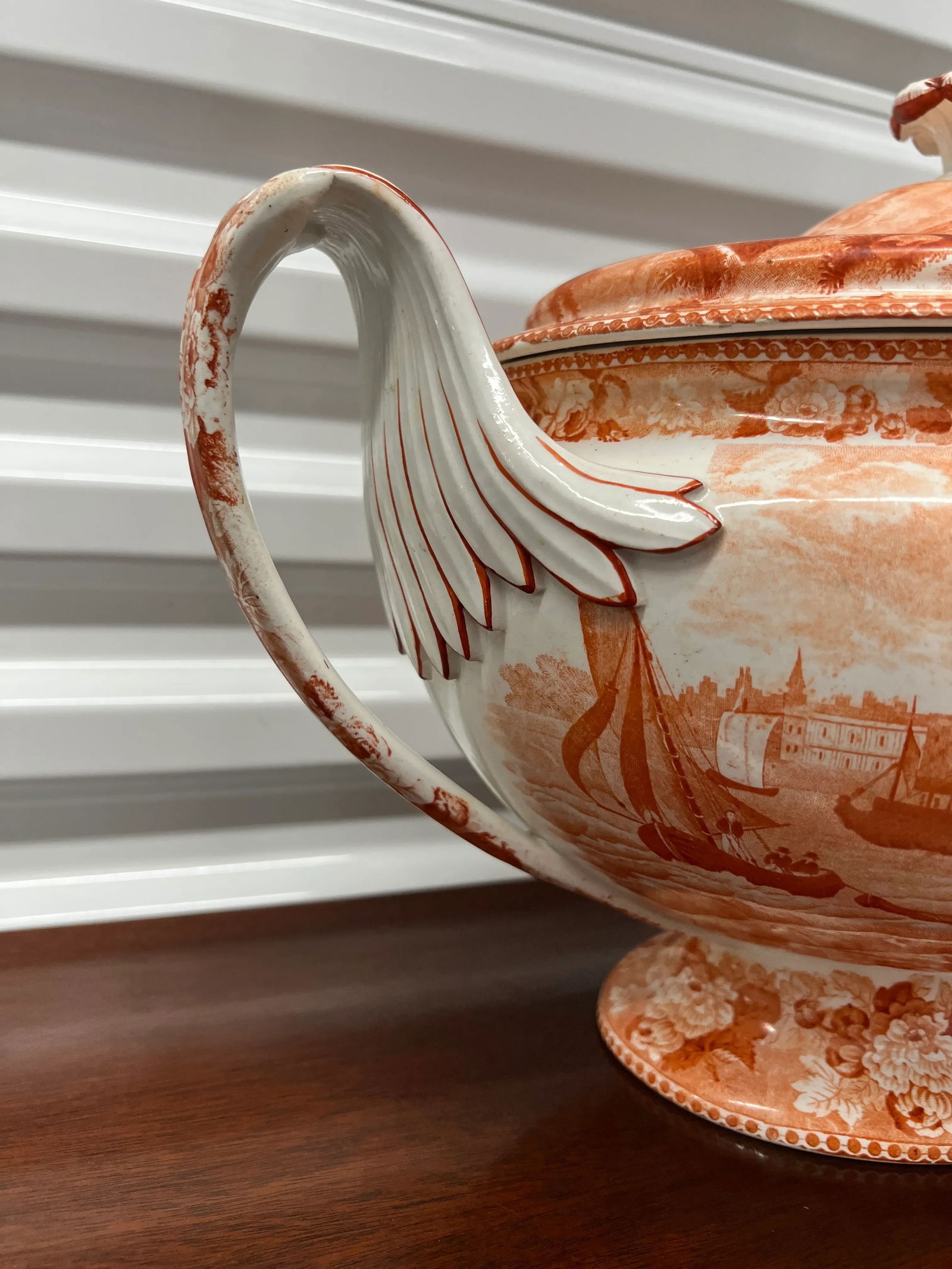 Rare 1840's Wedgwood "Tower of London" in Orange Transfer Pearlware Tureen - 8