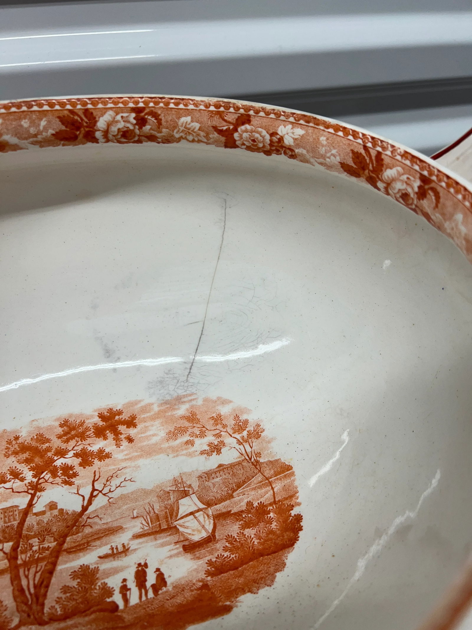 Rare 1840's Wedgwood "Tower of London" in Orange Transfer Pearlware Tureen - 9