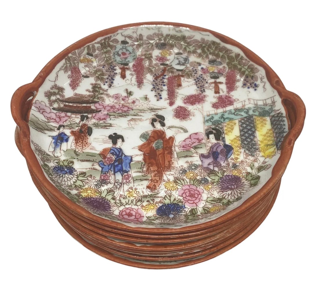 Vintage Chinoiserie Ceramic Handpainted Luncheon Hors D'Oeuvres Plates - Set of 8 - 8