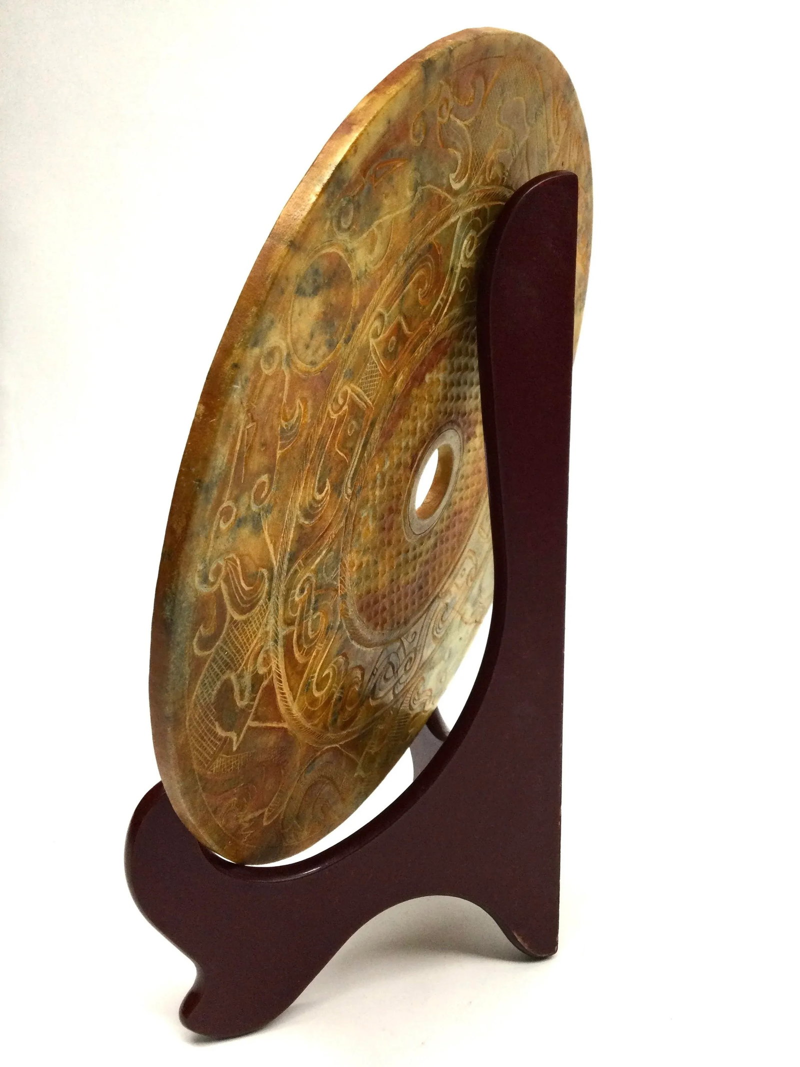 Chinese Antique Shang Dynasty Hetian Umber Jade Nephrite Dragon Beast Yu Bi With Wood Stand - 9