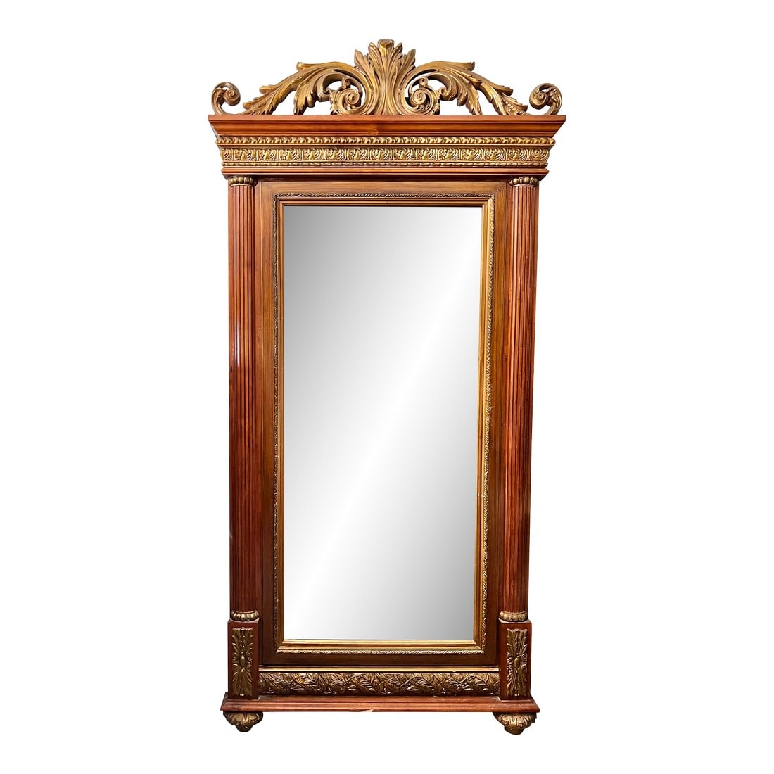 20th Century Large Floor Standing Mirror: Large wood hand carved mirror. Hang on the wall or lean it on the floor. Beautiful carving and gold accents. Condition: Alterations: Original Condition Unaltered Imperfections: Some Imperfections Cond