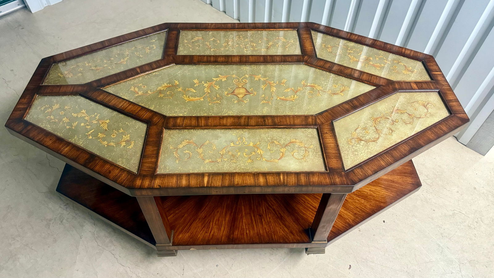 Vintage Euro Style Two-Tiered Octagonal Eglomisé Mahogany Cocktail / Coffee Table - 2