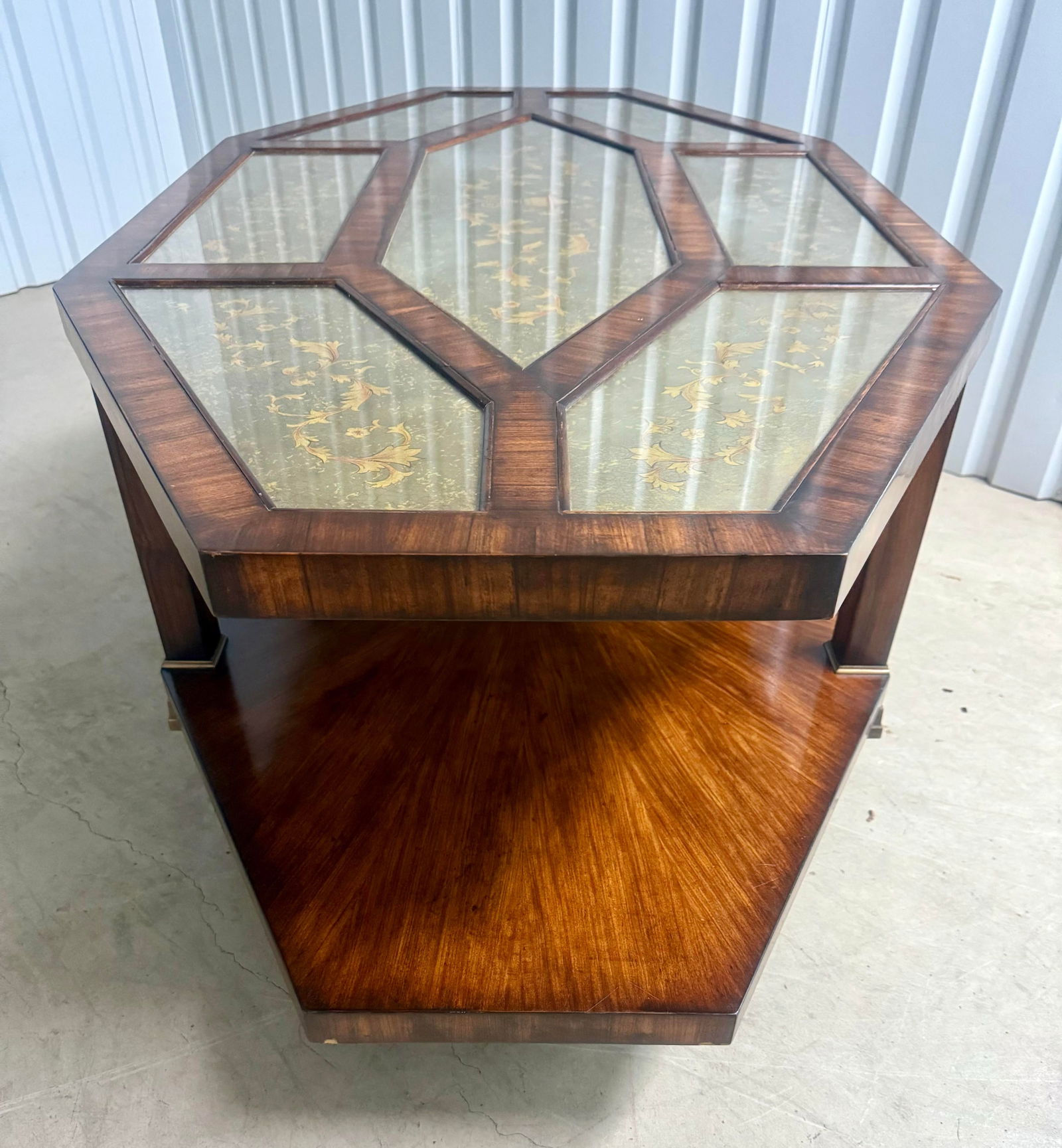 Vintage Euro Style Two-Tiered Octagonal Eglomisé Mahogany Cocktail / Coffee Table - 4