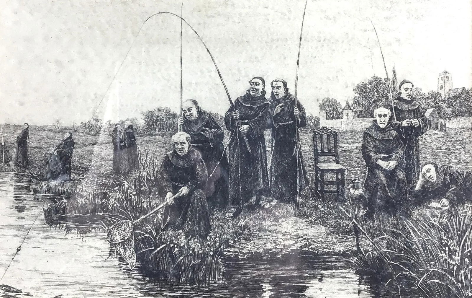Original Etching or Engraving of the Group of Monks Fishing by Wd Sadler 1908 - 2
