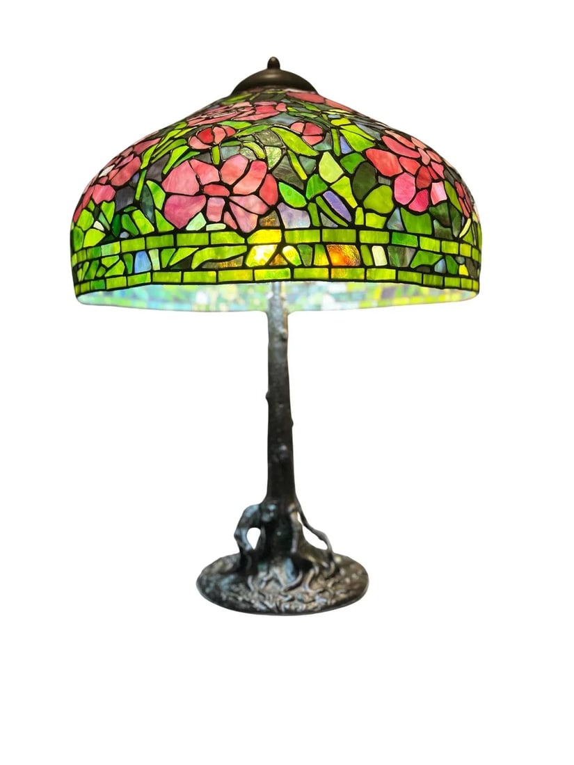 Unique Art Glass & Metal Company Leaded Glass Peony Table Lamp C. 1915 - 2