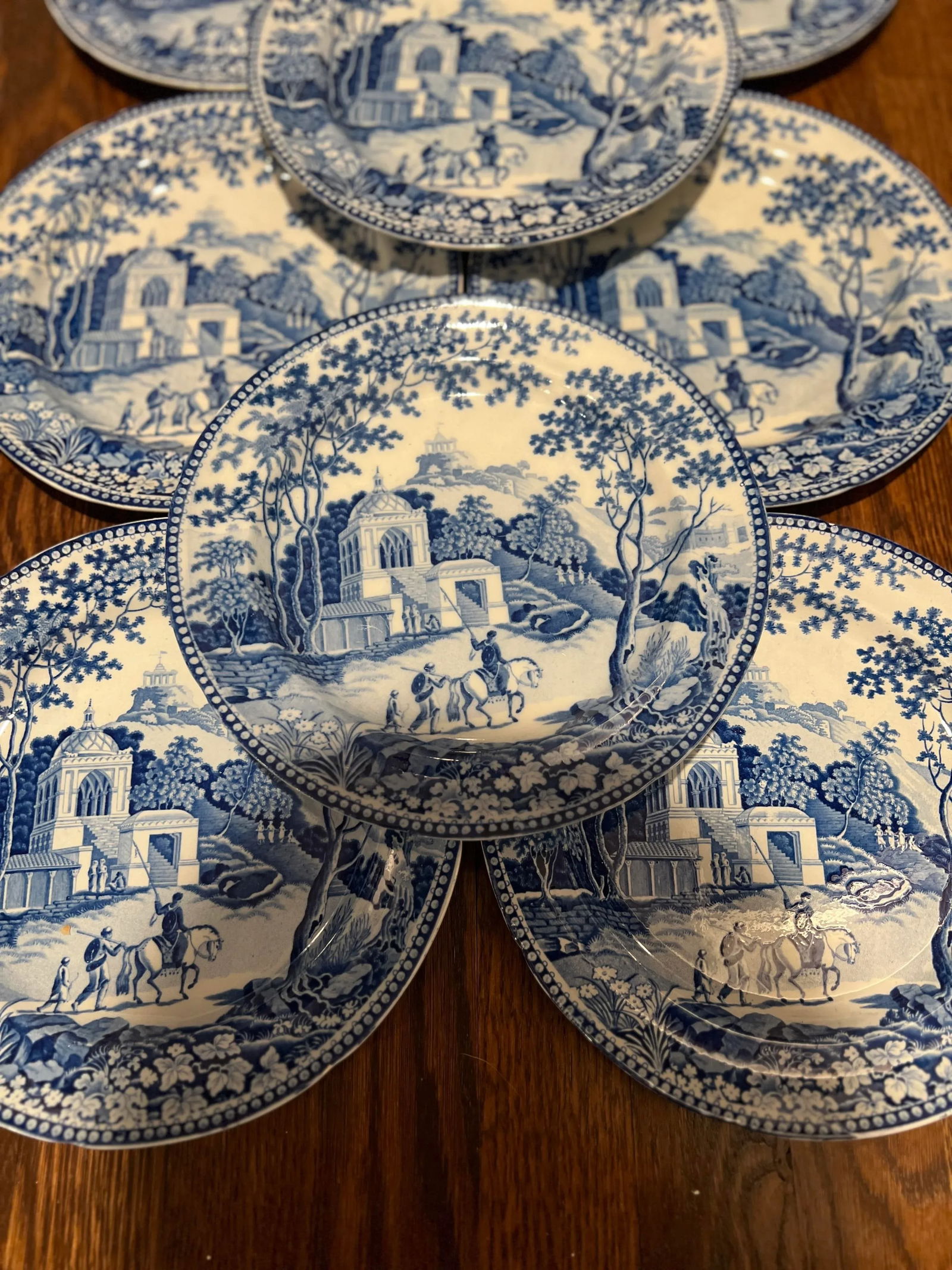 Set of 8, John Rogers Staffordshire "Musketeers" Pattern Dinner Plates C. 1820 - 4