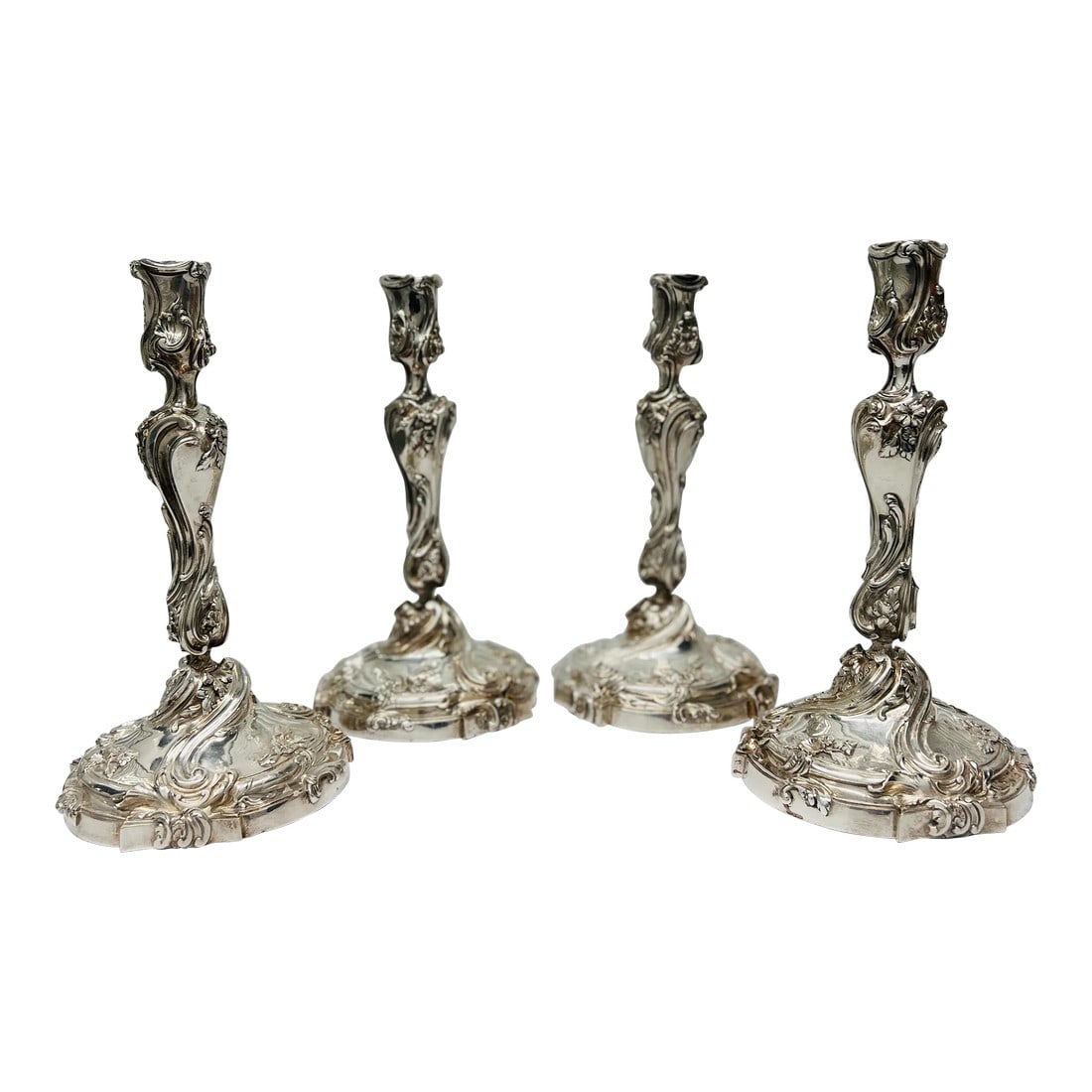 Set of 4, Henri Vian Silver Gilt Bronze Louis XV Style Candlesticks Circa 1880: Henri Vian, (French, active second half 19th century), circa 1880. He was a bronze-caster active in the second half of the 19th Century, made a lot of interior decorations with chimney mantelpieces, o