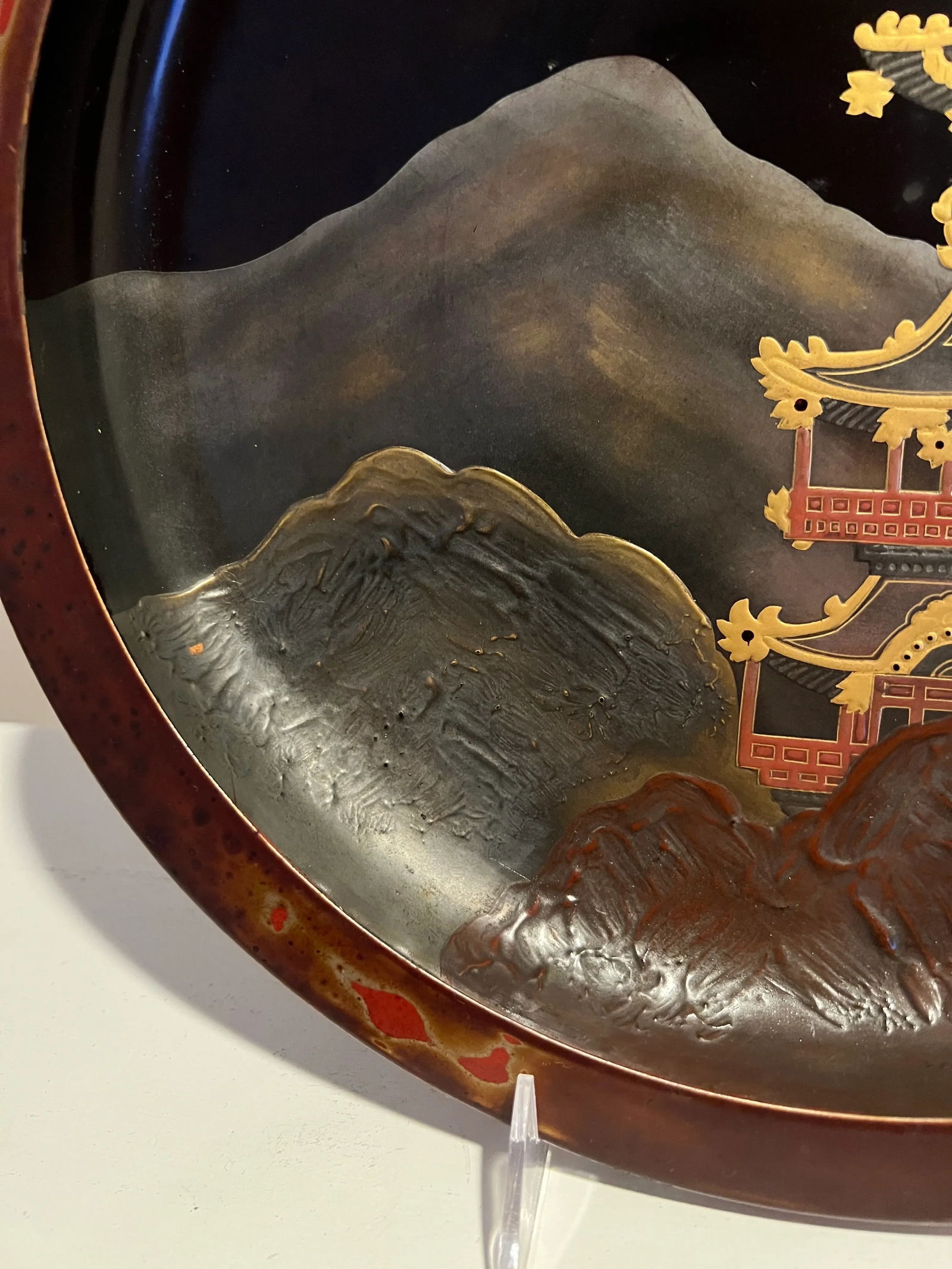 19th Century, Japanese Export Lacquer Tray Maki-E & Mnt Fuji Pagoda Decoration - 5