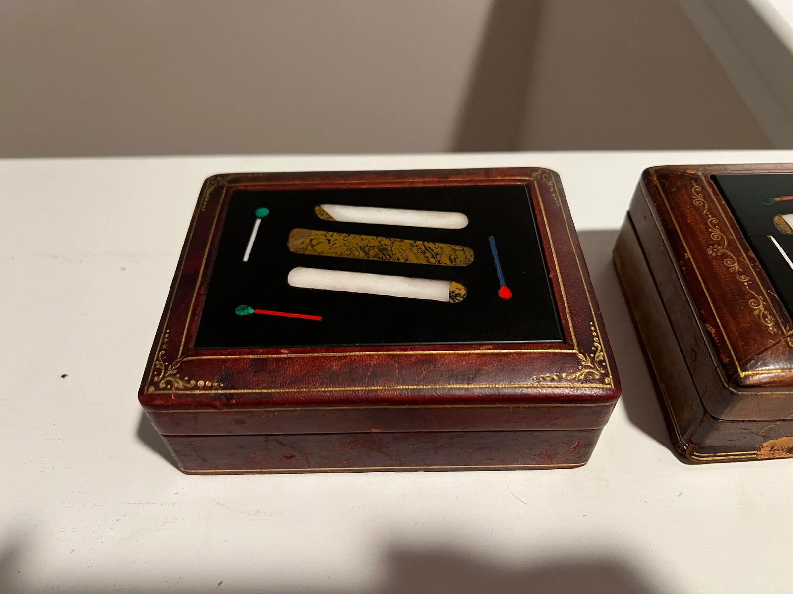 Pair, Italian Tooled Leather & Pietra Dura "Cigar" Motif Tobacco Boxes - 2