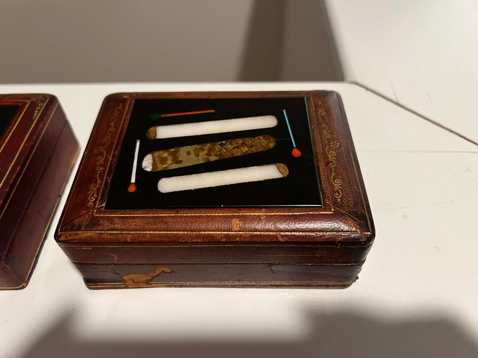 Pair, Italian Tooled Leather & Pietra Dura "Cigar" Motif Tobacco Boxes - 3