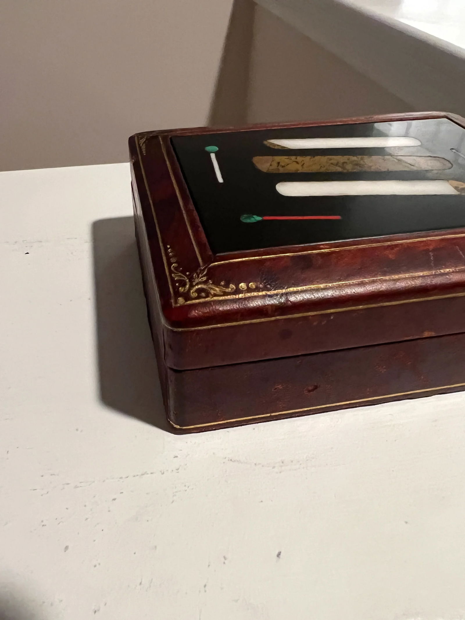 Pair, Italian Tooled Leather & Pietra Dura "Cigar" Motif Tobacco Boxes - 4