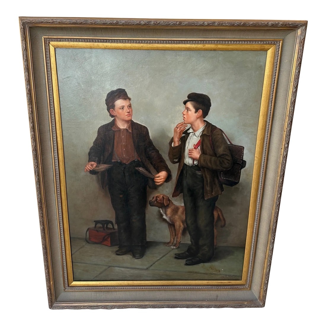 Large Oil on Canvas of Shoe Shine Boys Signed Edwards: Antique Shoe Shine Boys Oil Painting with Large wood frame. Artist signed on bottom right. Edwards. Rustic European look Great artwork that would look amazing in a study or great room. 47.5in h x 37.5