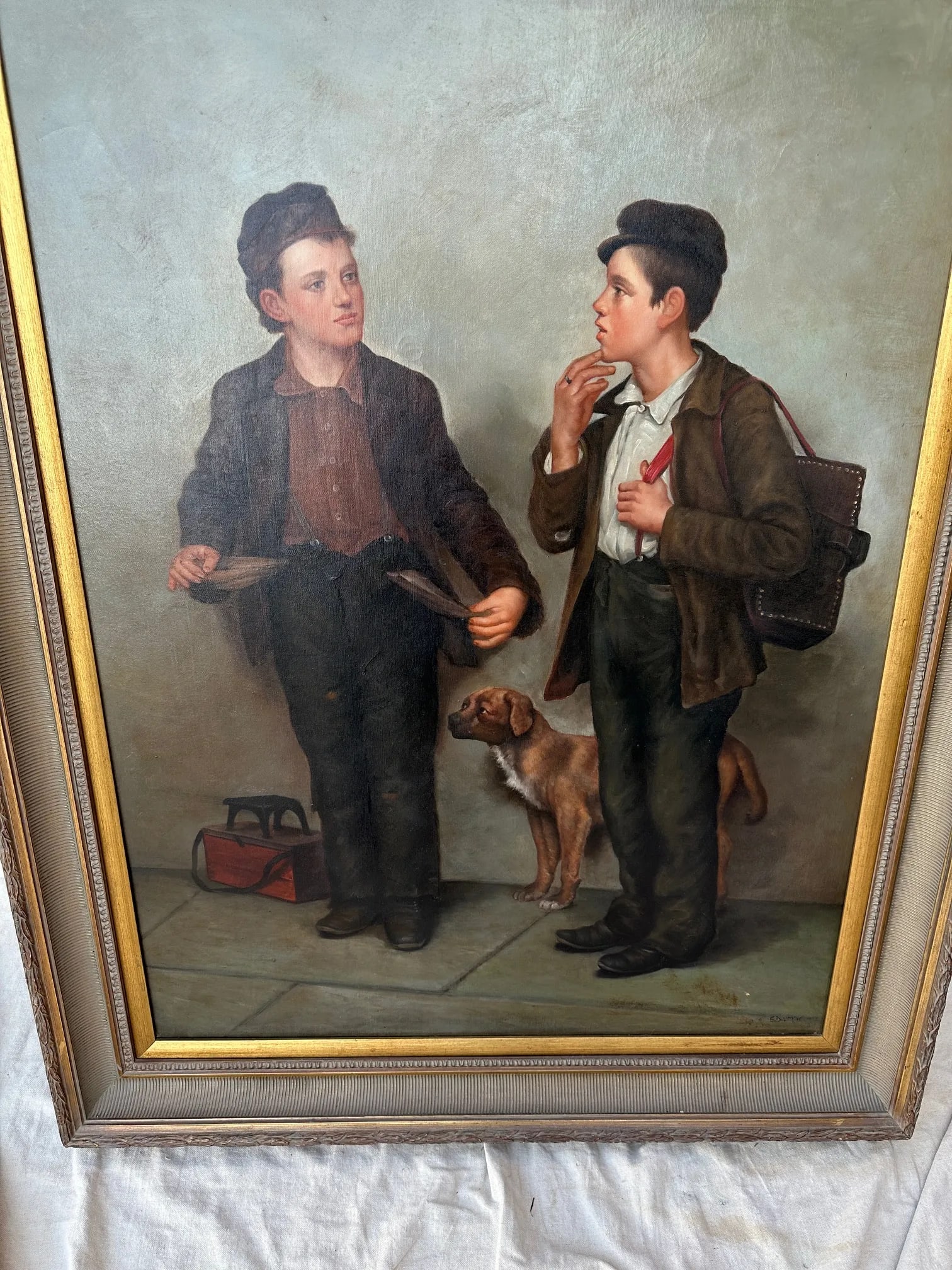 Large Oil on Canvas of Shoe Shine Boys Signed Edwards - 4