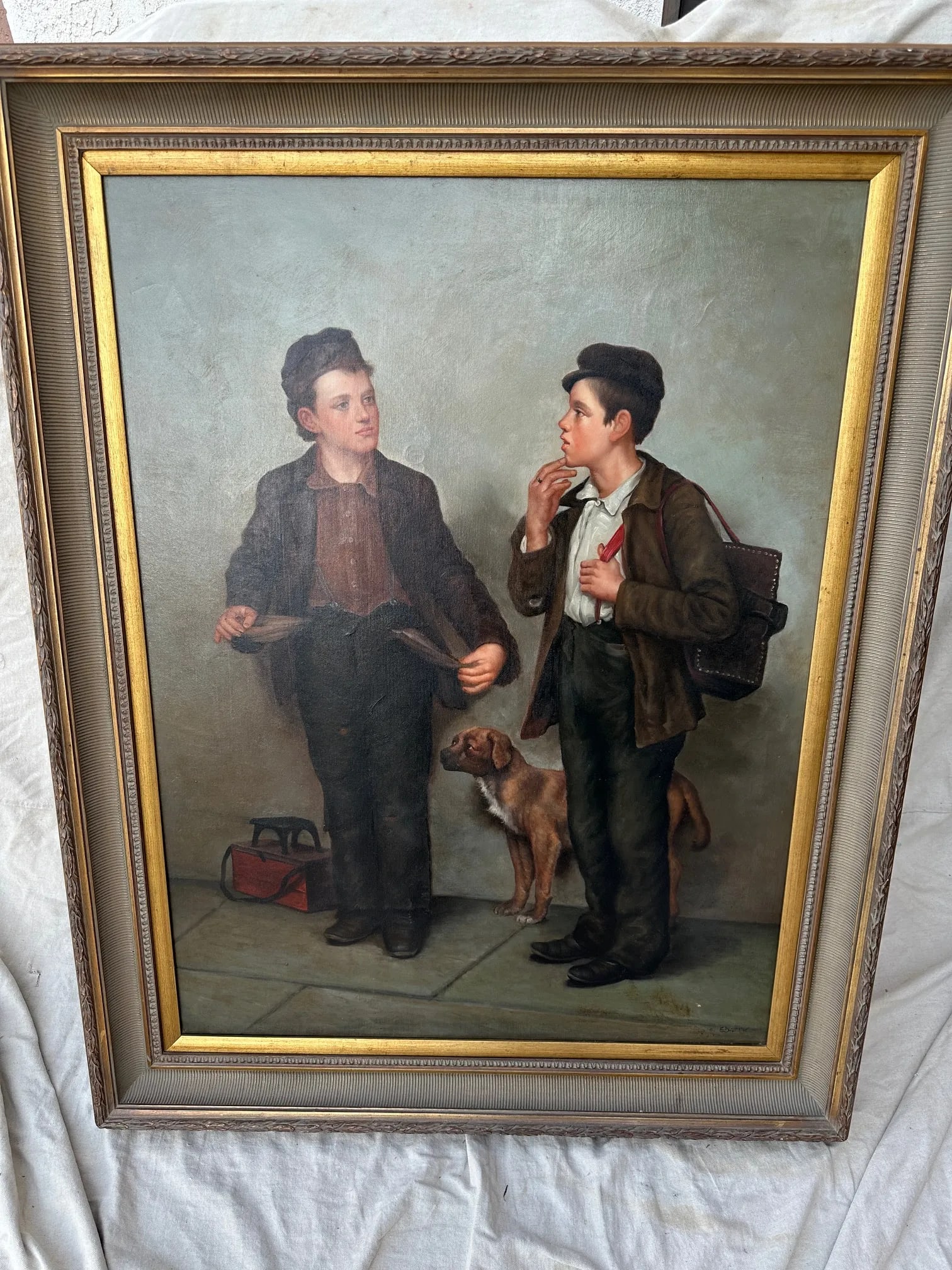 Large Oil on Canvas of Shoe Shine Boys Signed Edwards - 8